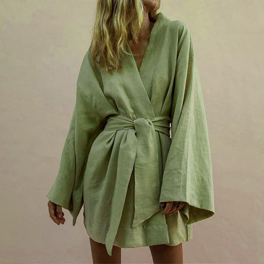 CM | Lace Up Mujeres V-Cuello Kimono Cardigan Mini Vestido de algodón de lino de manga larga fajas