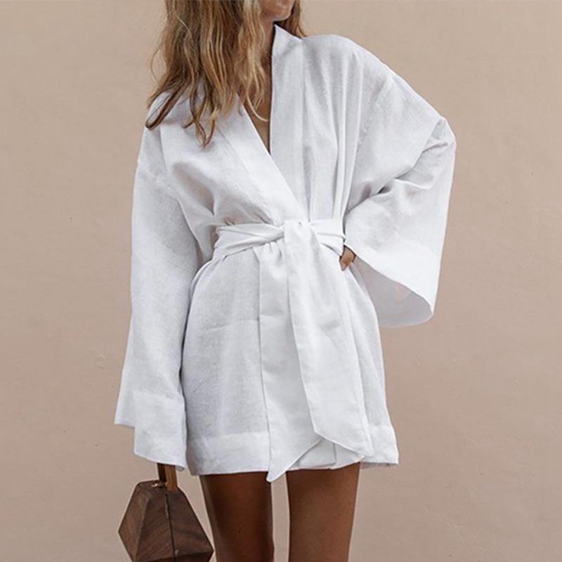 CM | Lace Up Mujeres V-Cuello Kimono Cardigan Mini Vestido de algodón de lino de manga larga fajas