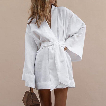 CM | Lace Up Mujeres V-Cuello Kimono Cardigan Mini Vestido de algodón de lino de manga larga fajas