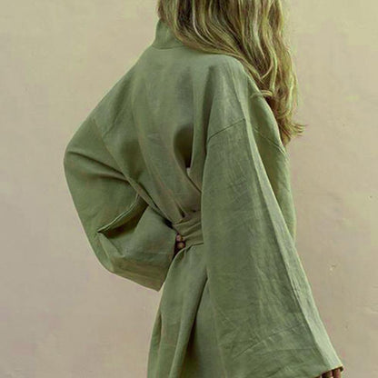 CM | Lace Up Mujeres V-Cuello Kimono Cardigan Mini Vestido de algodón de lino de manga larga fajas