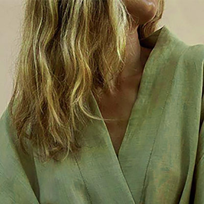 CM | Lace Up Mujeres V-Cuello Kimono Cardigan Mini Vestido de algodón de lino de manga larga fajas