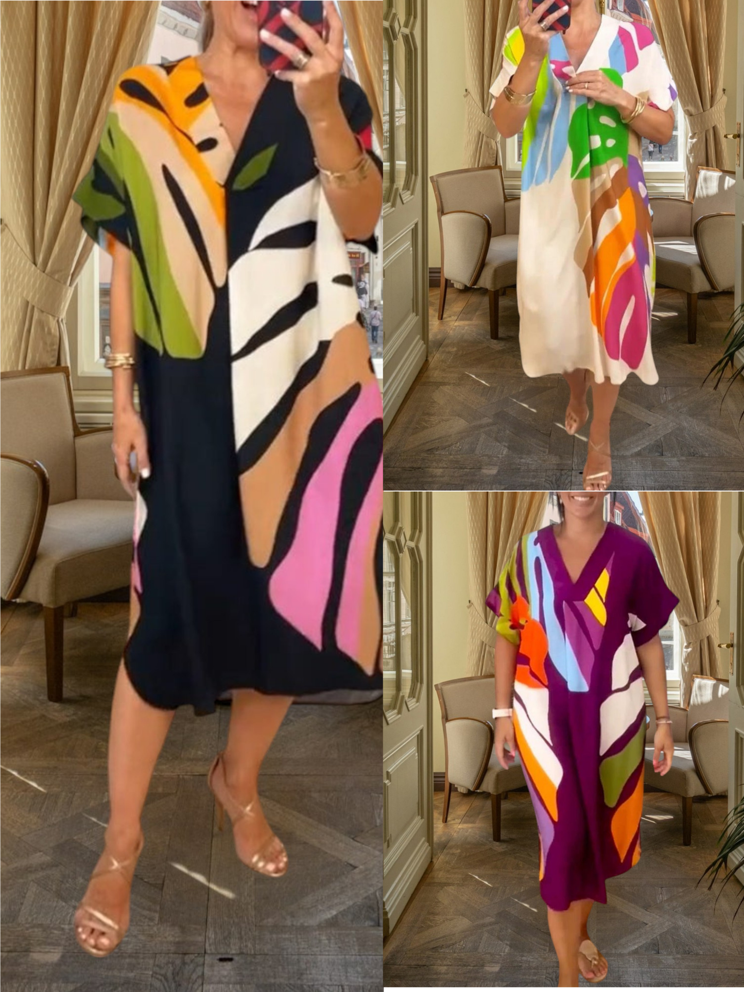 CM | Vibrante vestido midi de mezcla de algodón con escote en V y manga corta, ideal para primavera y verano.