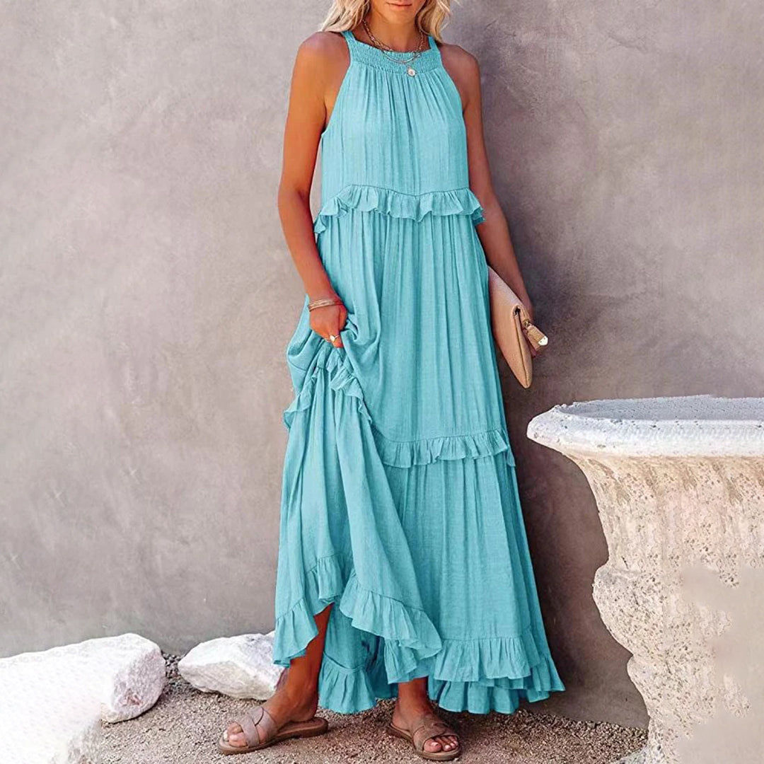 CM | maxi vestido de mujer - sin mangas y escote halterneck - corte en A - ribete de volantes