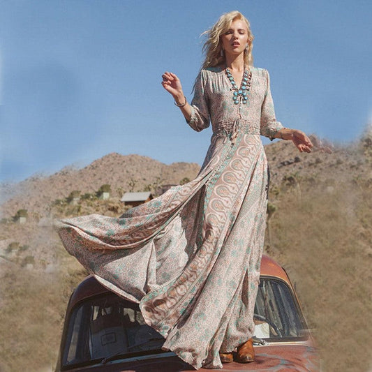 CM | Maxivestido de mujer - Estilo boho - Mezcla de algodón - Cuello de pico - Tapeta de botones - Mangas 3/4