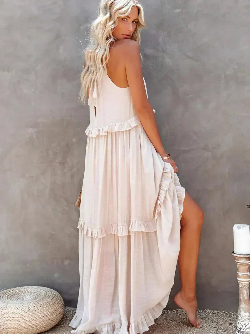 CM | Maxivestido de mujer - Cuello halter - Capas fruncidas - Corte vaporoso - Algodón ligero