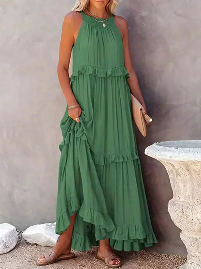 CM | Maxivestido de mujer - Cuello halter - Capas fruncidas - Corte vaporoso - Algodón ligero