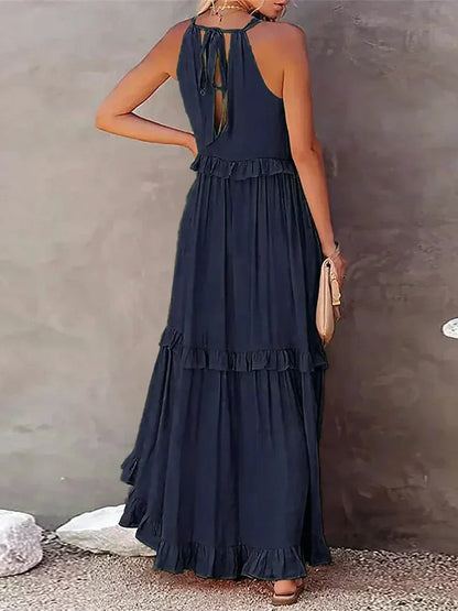 CM | Maxivestido de mujer - Cuello halter - Capas fruncidas - Corte vaporoso - Algodón ligero