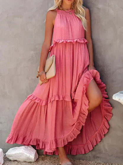 CM | Maxivestido de mujer - Cuello halter - Capas fruncidas - Corte vaporoso - Algodón ligero