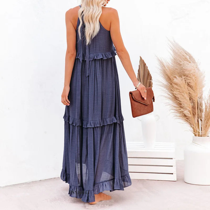 CM | Maxivestido de mujer - Cuello halter - Capas fruncidas - Corte vaporoso - Algodón ligero
