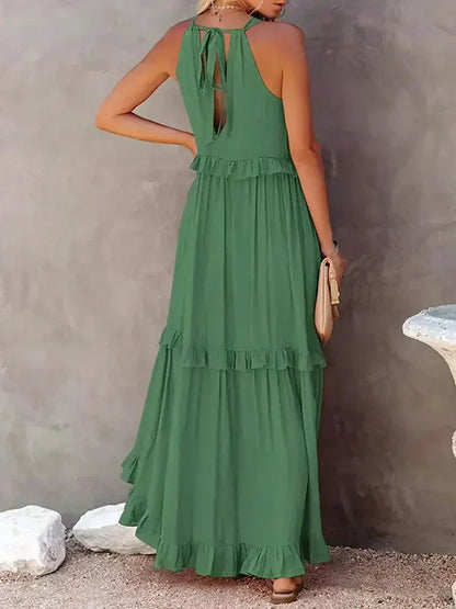 CM | Maxivestido de mujer - Cuello halter - Capas fruncidas - Corte vaporoso - Algodón ligero