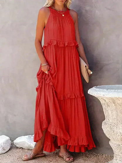 CM | Maxivestido de mujer - Cuello halter - Capas fruncidas - Corte vaporoso - Algodón ligero