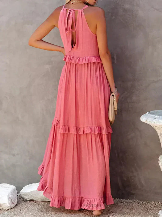 CM | Maxivestido de mujer - Cuello halter - Capas fruncidas - Corte vaporoso - Algodón ligero