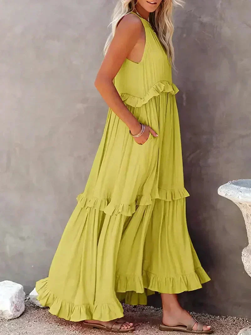 CM | Maxivestido de mujer - Cuello halter - Capas fruncidas - Corte vaporoso - Algodón ligero