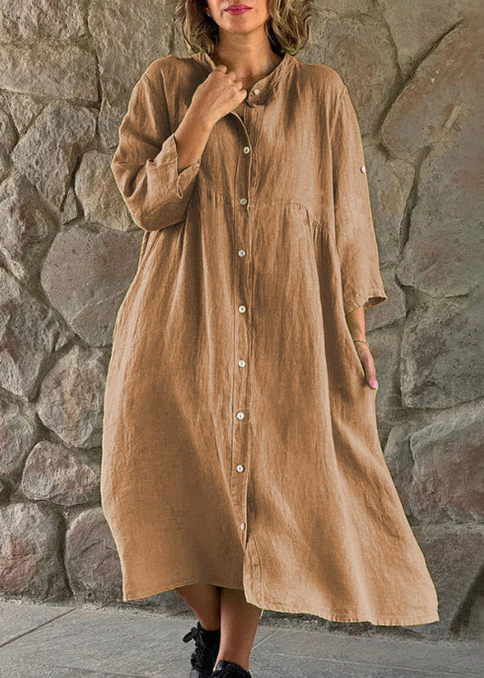 CM | Loose Marrón Stand Collar Button Algodón Blusa Vestido Manga Larga