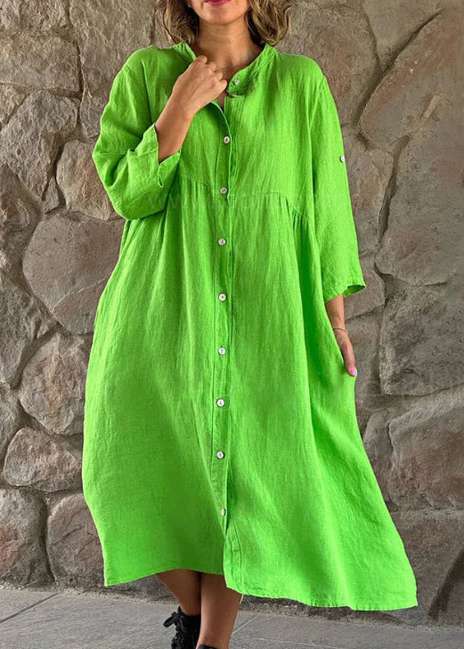 CM | Loose Marrón Stand Collar Button Algodón Blusa Vestido Manga Larga