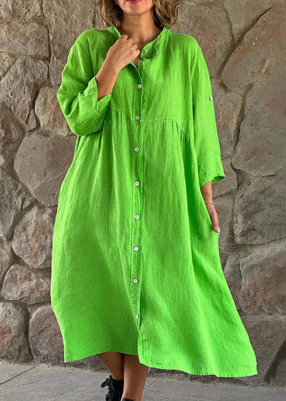 CM | Loose Marrón Stand Collar Button Algodón Blusa Vestido Manga Larga