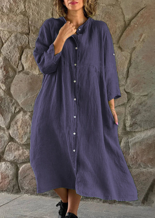 CM | Loose Marrón Stand Collar Button Algodón Blusa Vestido Manga Larga