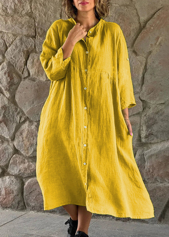 CM | Loose Marrón Stand Collar Button Algodón Blusa Vestido Manga Larga