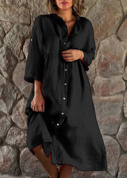 CM | Loose Marrón Stand Collar Button Algodón Blusa Vestido Manga Larga