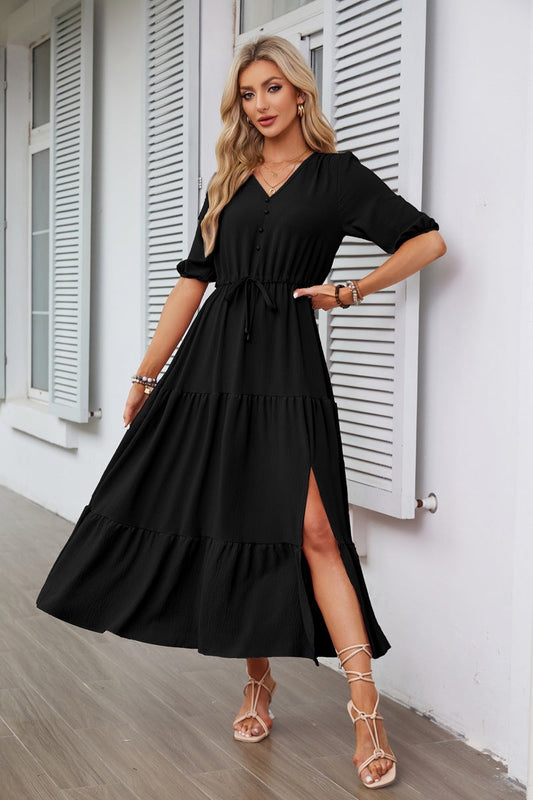 CM | maxi vestido de mujer - línea A fluida - mangas abullonadas - escote en V - cintura ceñida - abertura lateral