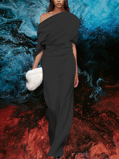 CM | Elegante mono de mujer con cuello sencillo para primavera, entallado, piernas fluidas