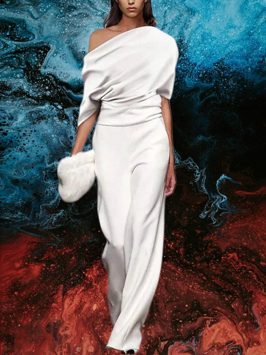 CM | Elegante mono de mujer con cuello sencillo para primavera, entallado, piernas fluidas
