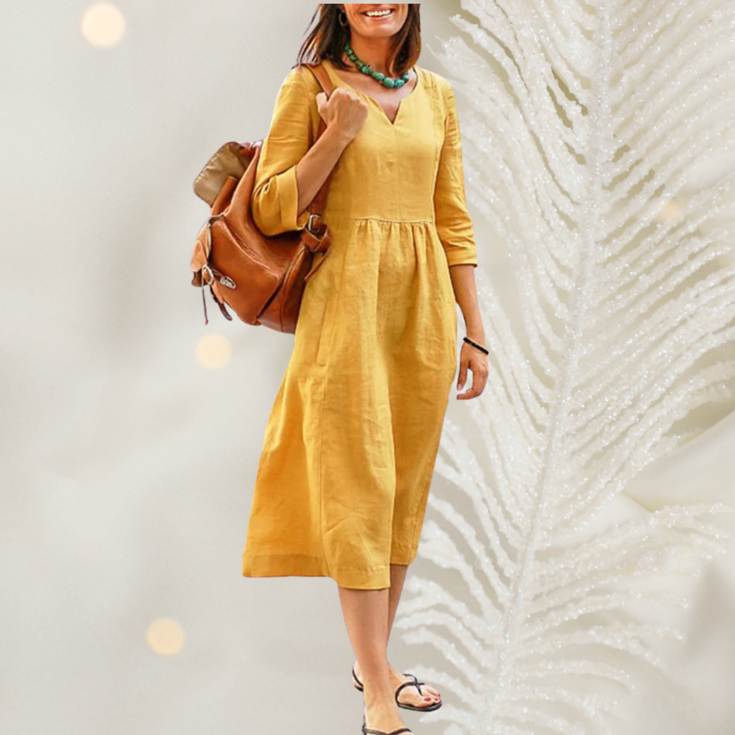 CM | Vestido midi de mujer con escote en V y cintura de canalé - vaporoso y elegante para primavera y verano