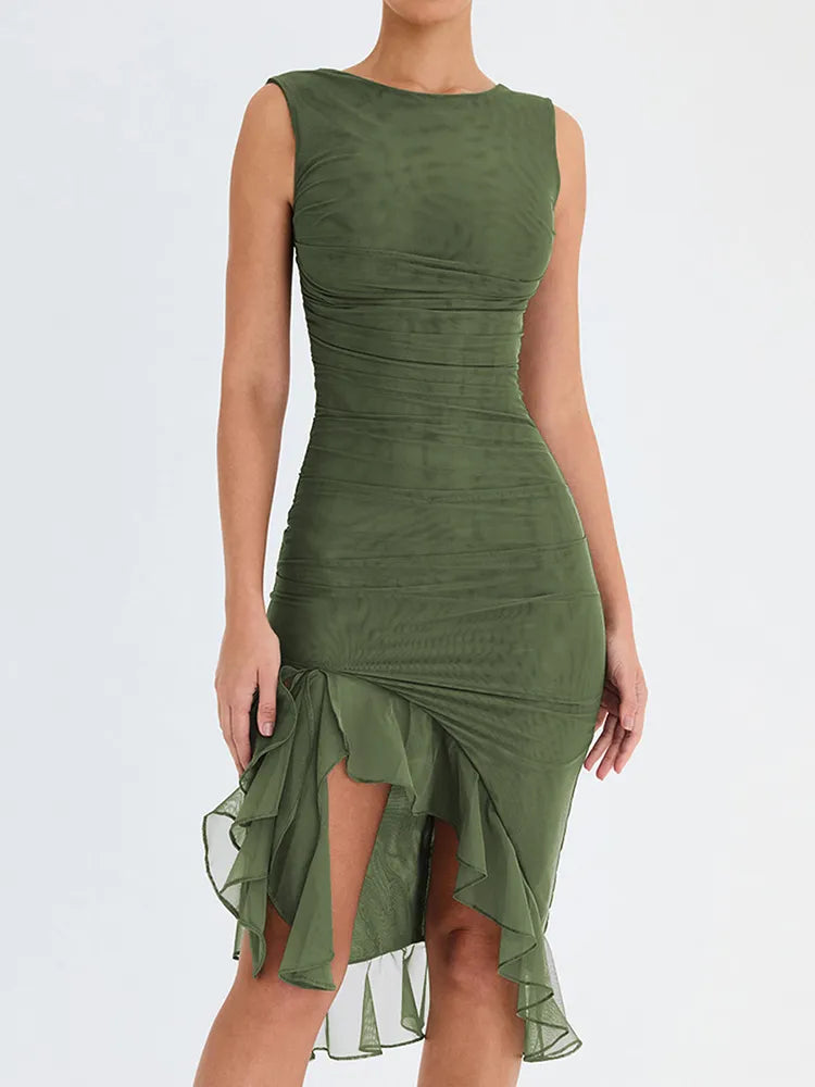 CM | 2024 Mozision Irregular Sin Espalda Elegante Vestido Midi Acanalado