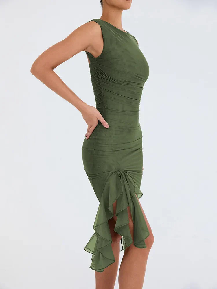 CM | 2024 Mozision Irregular Sin Espalda Elegante Vestido Midi Acanalado
