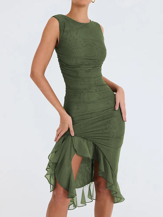 CM | 2024 Mozision Irregular Sin Espalda Elegante Vestido Midi Acanalado