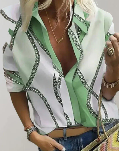 CM | Elegante blusa con estampado de cadenas y escote en V