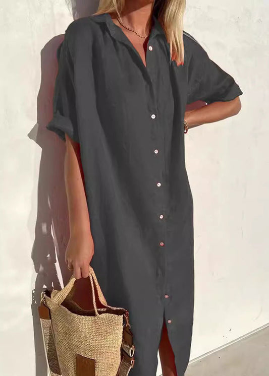 CM | gris oscuro cuello Peter Pan construcción de botones MW | vestido blusa completa verano FF030