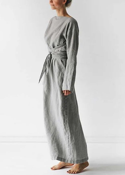 CM | gris sólido lazo cintura BauMW | vestido largo completo mangas largas FF042