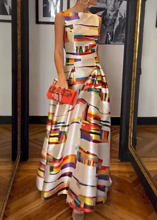 CM | Vestido largo de seda con cintura alta y estampado blanco sin mangas WW1040