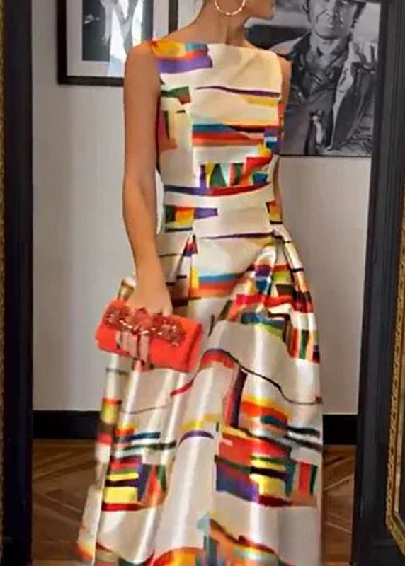 CM | Vestido largo de seda con cintura alta y estampado blanco sin mangas WW1040