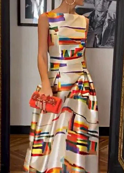 CM | Vestido largo de seda con cintura alta y estampado blanco sin mangas WW1040