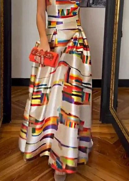 CM | Vestido largo de seda con cintura alta y estampado blanco sin mangas WW1040