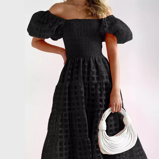 CM | Maxi vestido de mujer - hombros al descubierto - mangas abullonadas - cintura fruncida - falda con vuelo - mezcla transpirable