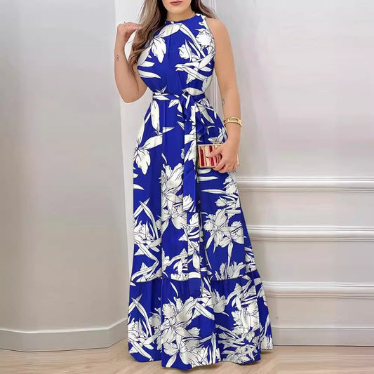 CM | Ladies Vestido maxi halter - estampado floral - dobladillo fruncido - lazo en la cintura - corte elegante