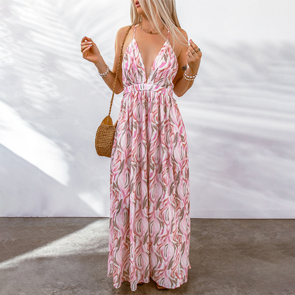 CM | Vestido largo de mujer - Estampado floral - Escote en pico - Mezcla transpirable - Corte holgado