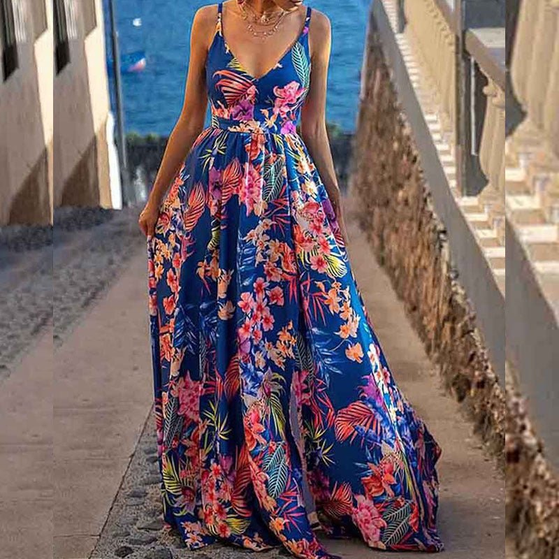 CM | maxi vestido de mujer - línea A - tirantes espagueti - escote pronunciado - diseño estampado