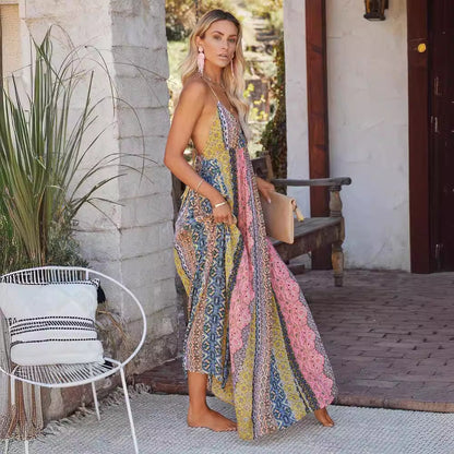 CM | Maxivestido de mujer - Mezcla de algodón - Corte holgado - Cuello de pico - Espalda descubierta - Estampado