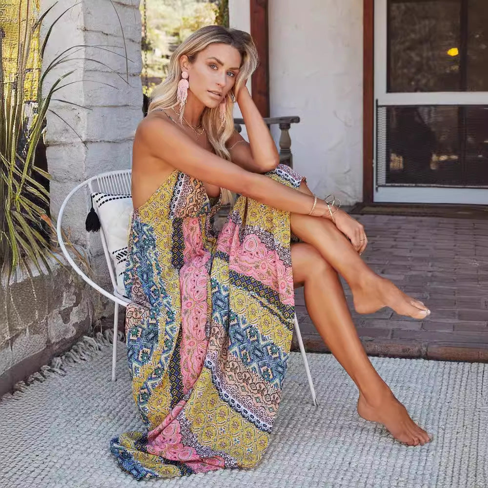CM | Maxivestido de mujer - Mezcla de algodón - Corte holgado - Cuello de pico - Espalda descubierta - Estampado