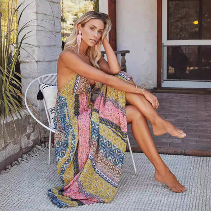 CM | Maxivestido de mujer - Mezcla de algodón - Corte holgado - Cuello de pico - Espalda descubierta - Estampado