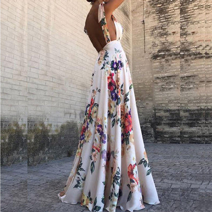 CM | Maxi vestido de mujer - Estampado floral - Escote redondo - Sin mangas - Espalda abierta - Corte vaporoso