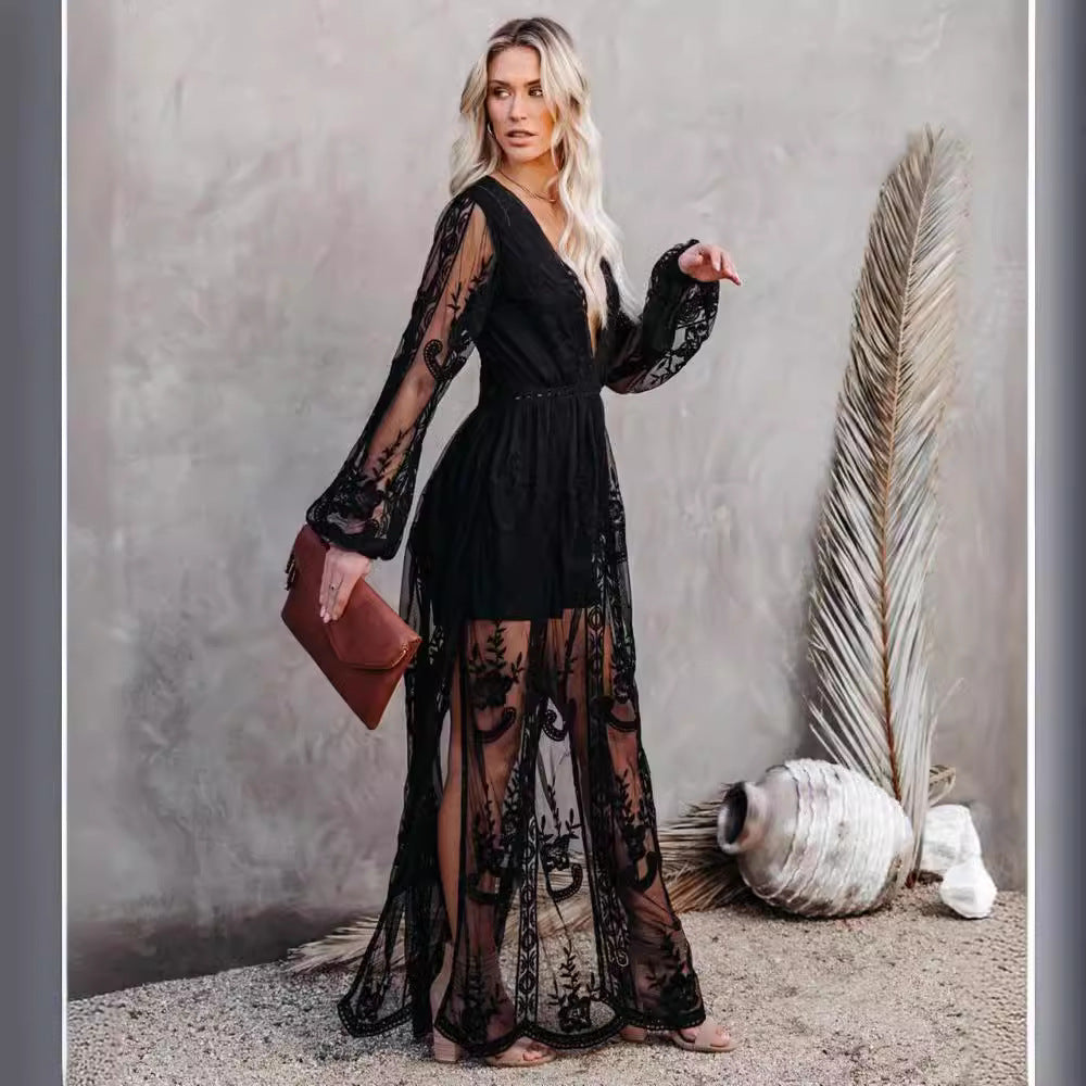 CM | Vestido largo para mujer - gasa de encaje - escote en V - mangas transparentes - abertura alta - ropa formal