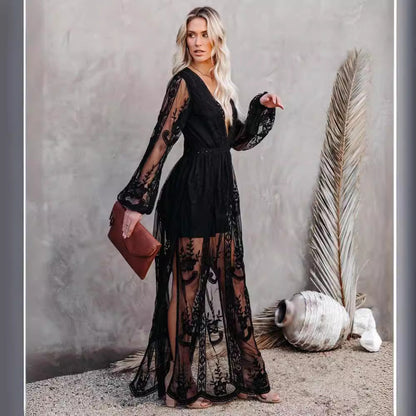 CM | Vestido largo para mujer - gasa de encaje - escote en V - mangas transparentes - abertura alta - ropa formal