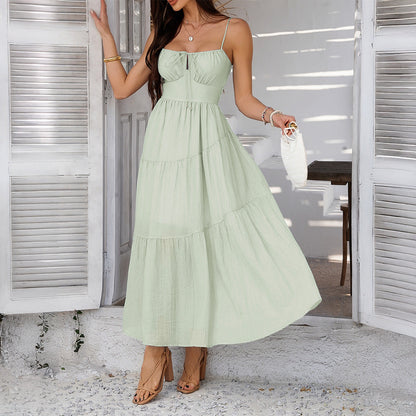 CM | Maxivestido de mujer - Mezcla ligera de algodón - Tirantes finos - Falda con vuelo - Corte elegante