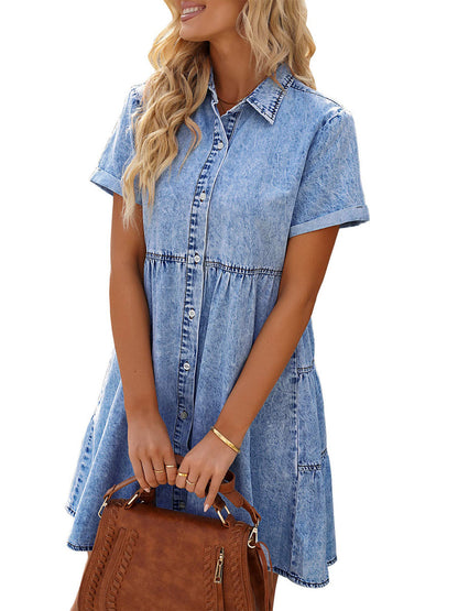 CM | Button Down Cinturón Plisado Flare A-Line Camisa Vestido Midi
