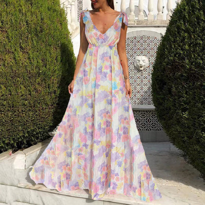 CM | Maxi vestido de mujer - Estampado floral - Escote redondo - Sin mangas - Espalda abierta - Corte vaporoso